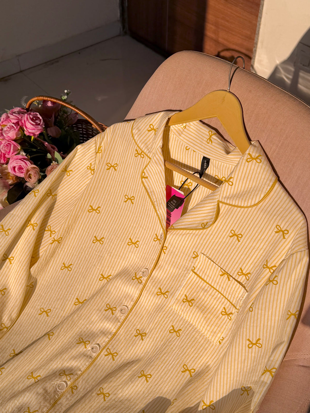 Yellow Bowtiful Striped Full Sleeve Pj set