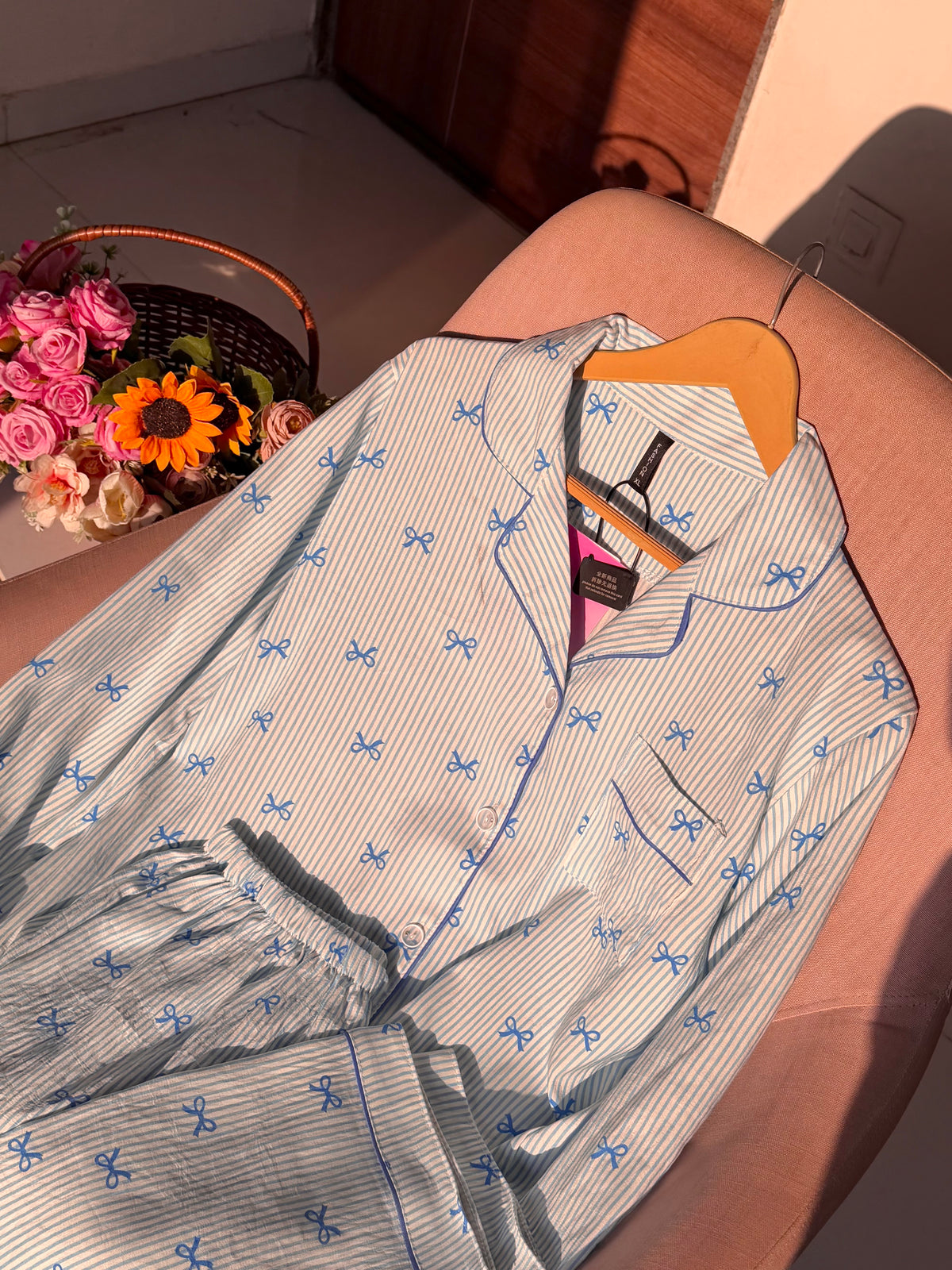 Blue Bowtiful Striped Full Sleeve Pj set