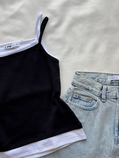 Black double layer cami top