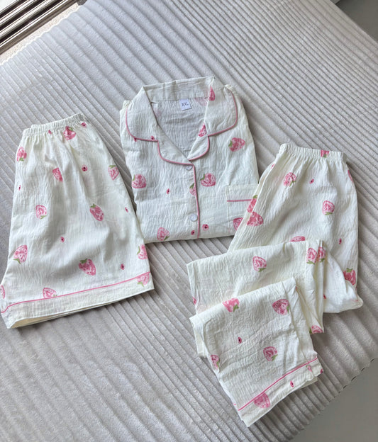 Sweet Strawberry Dreamy 3 Piece Night Suit