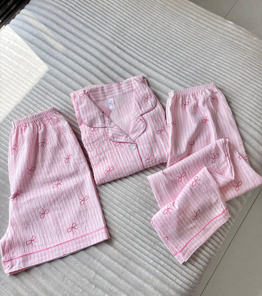 Pink Ribbon Dreamy 3 Piece Night Suit