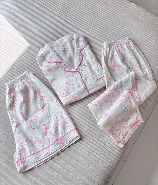 Cherry Bow Dreamy 3 Piece Night Suit