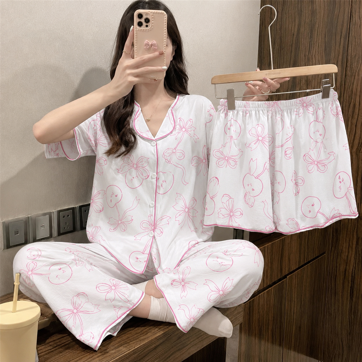 Cherry Bow Dreamy 3 Piece Night Suit