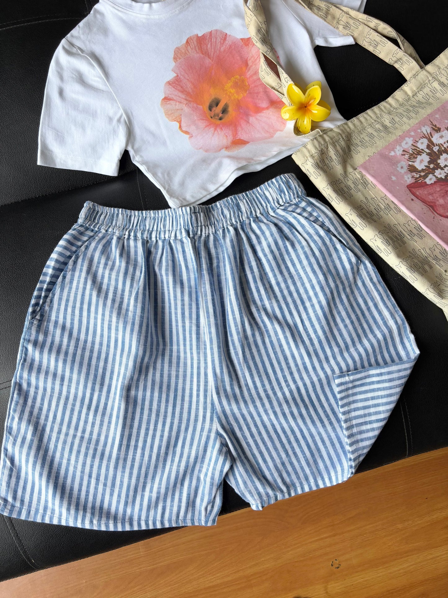 Blue Linen Striped Shorts