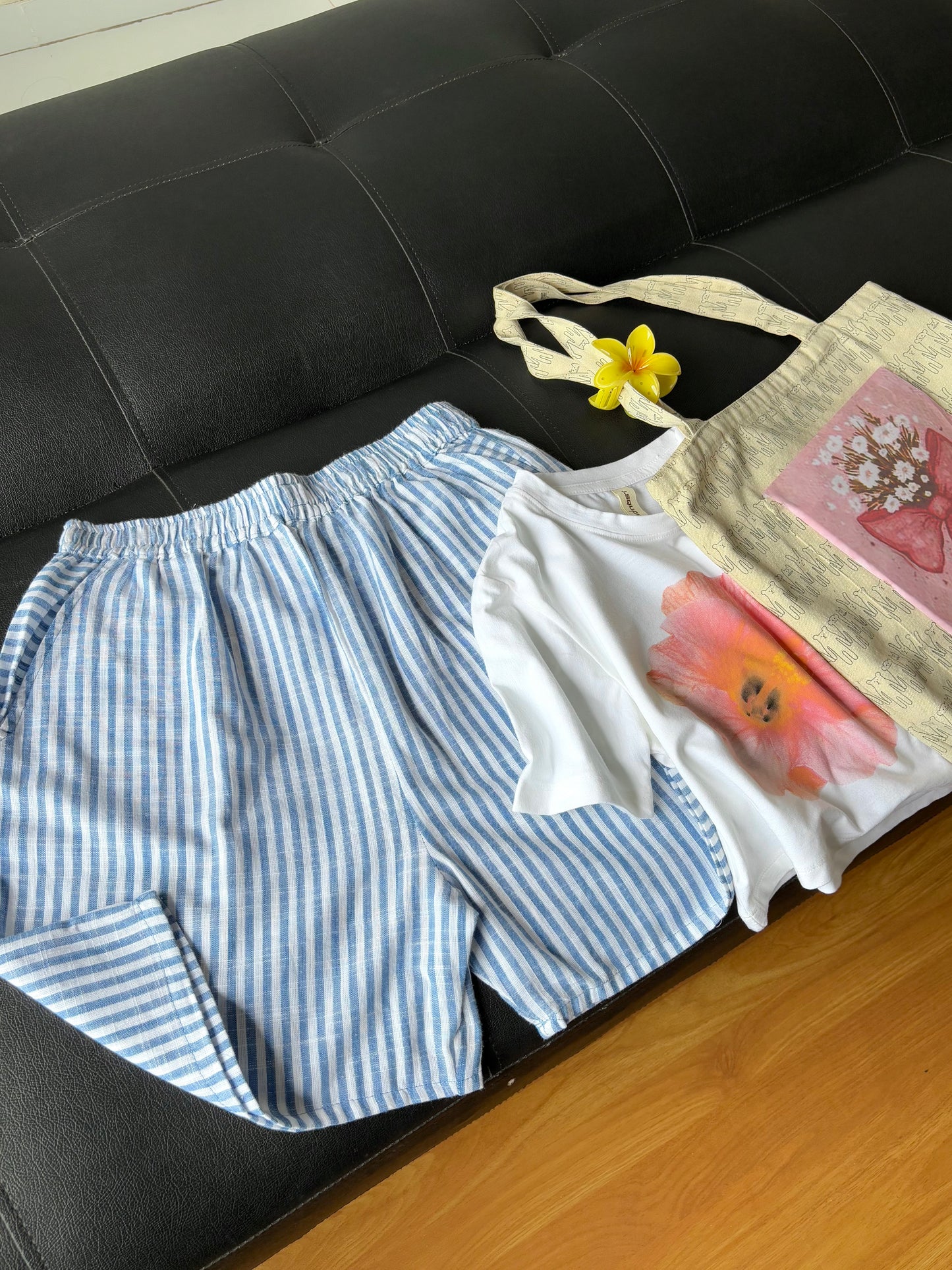 Blue Linen Striped Shorts