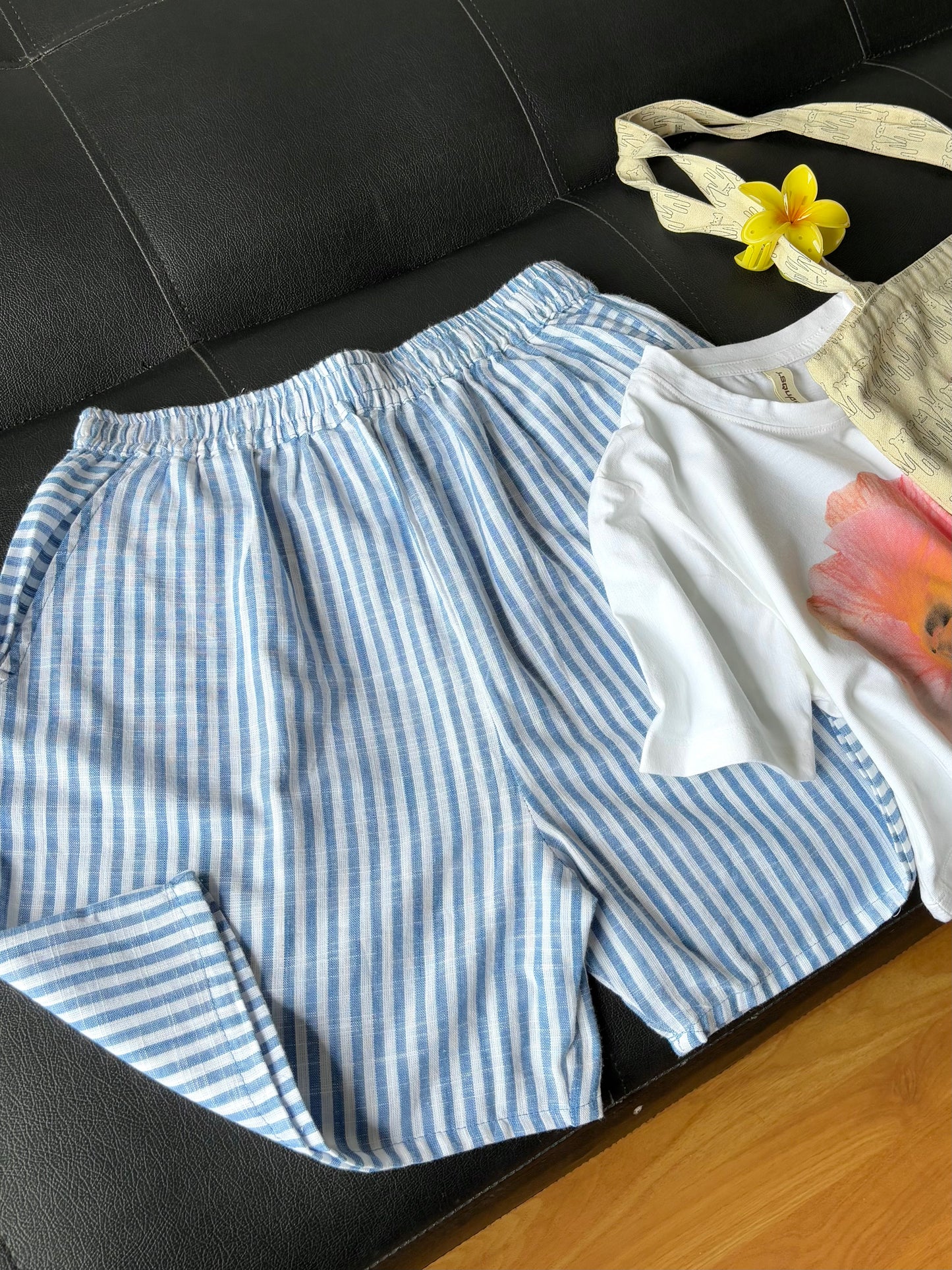 Blue Linen Striped Shorts
