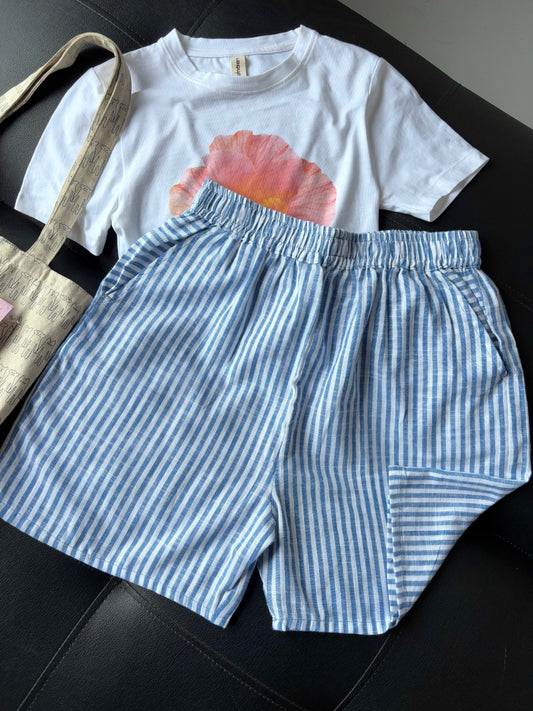 Blue Linen Striped Shorts
