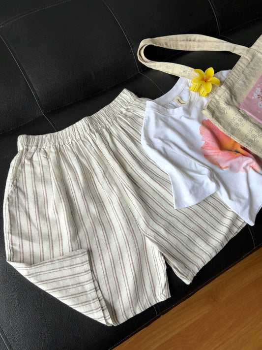 Beige Linen Striped Shorts