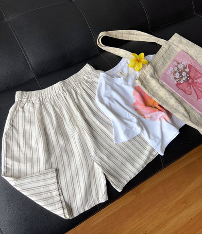 Beige Linen Striped Shorts