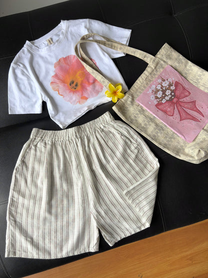 Beige Linen Striped Shorts