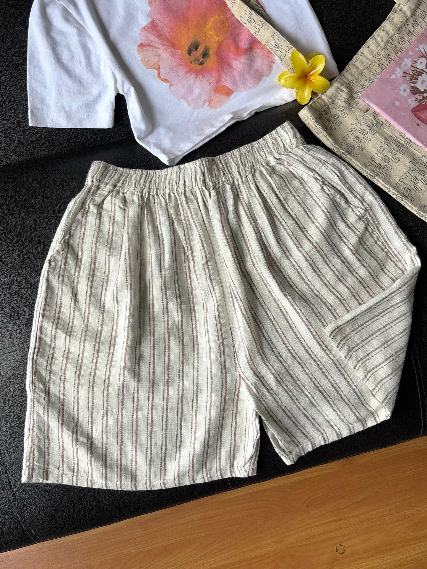 Beige Linen Striped Shorts