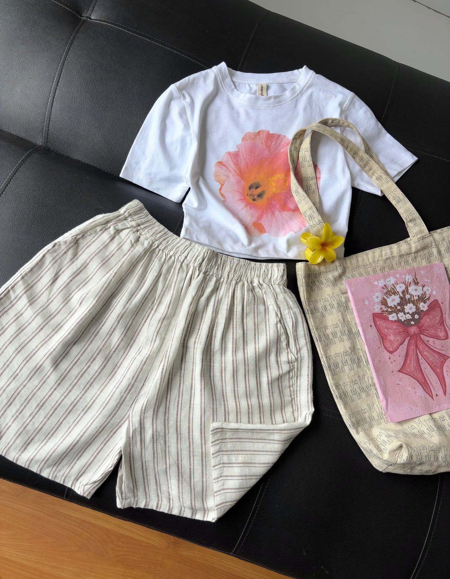 Beige Linen Striped Shorts