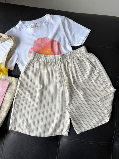 Beige Linen Striped Shorts