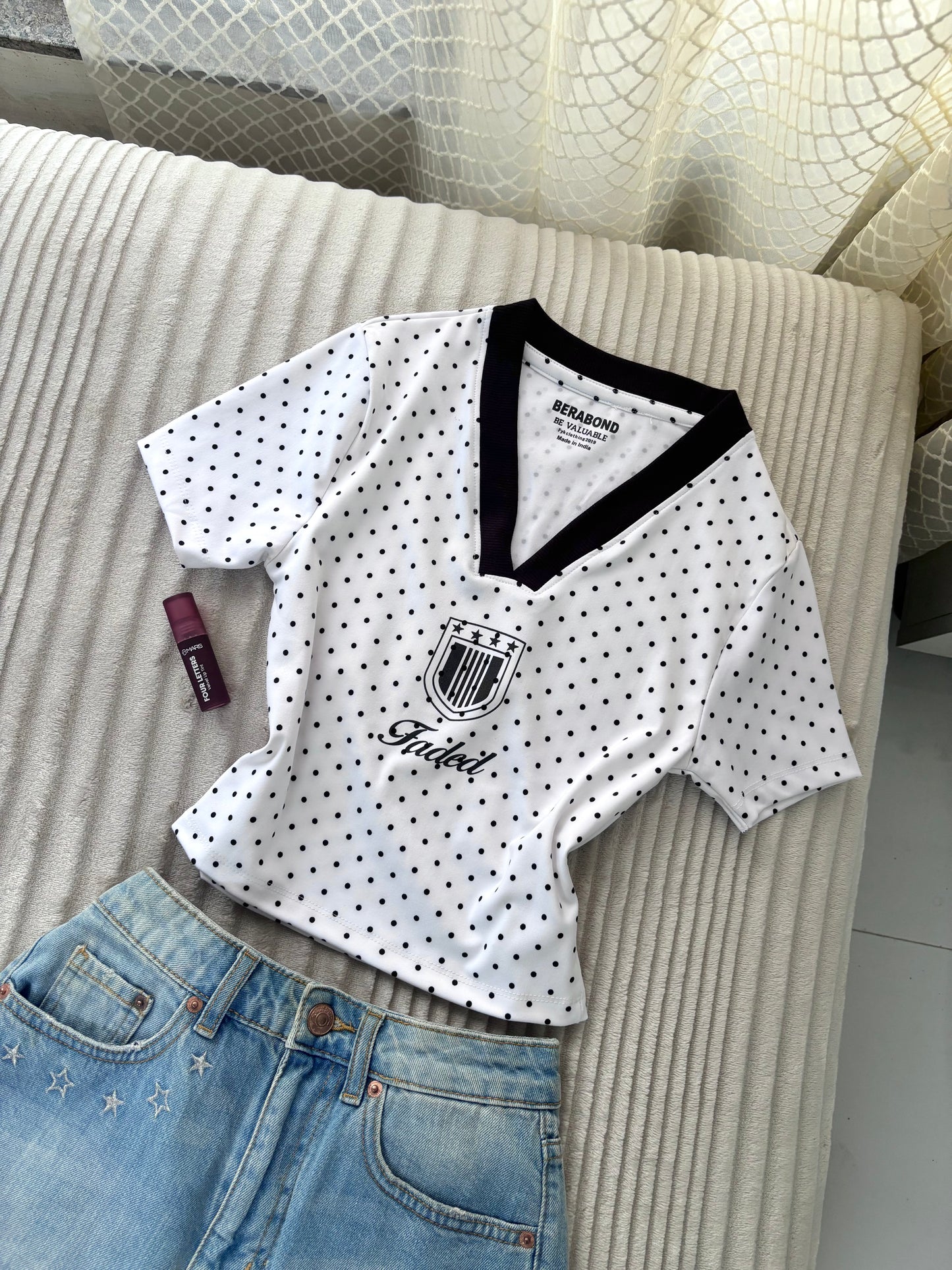 Black Polka Dot V-Neck Crop Tee