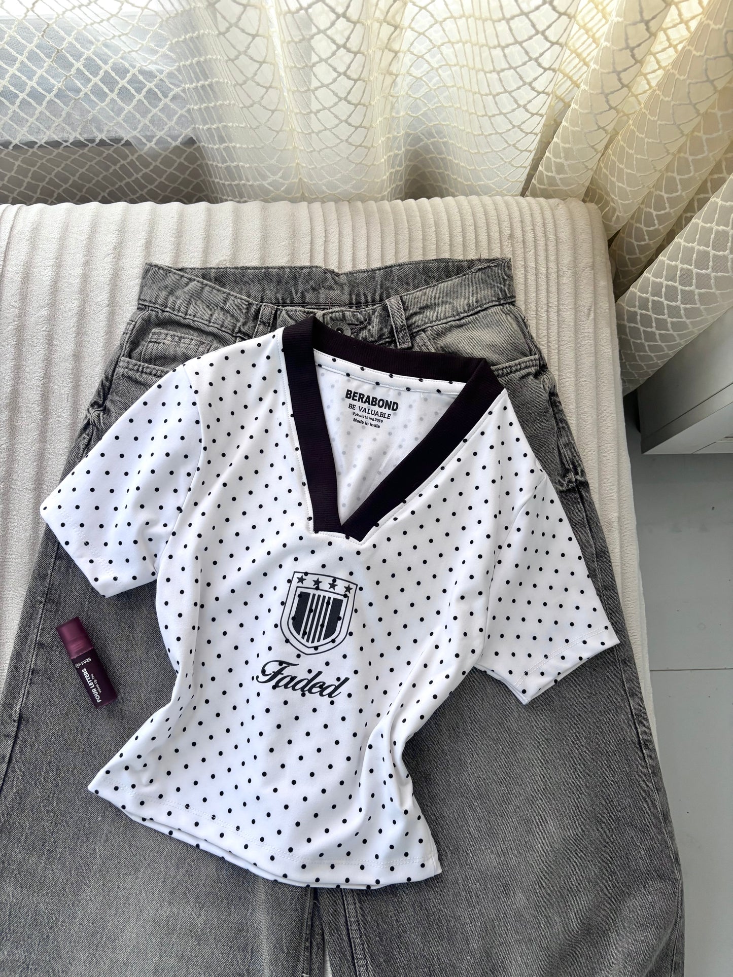 Black Polka Dot V-Neck Crop Tee