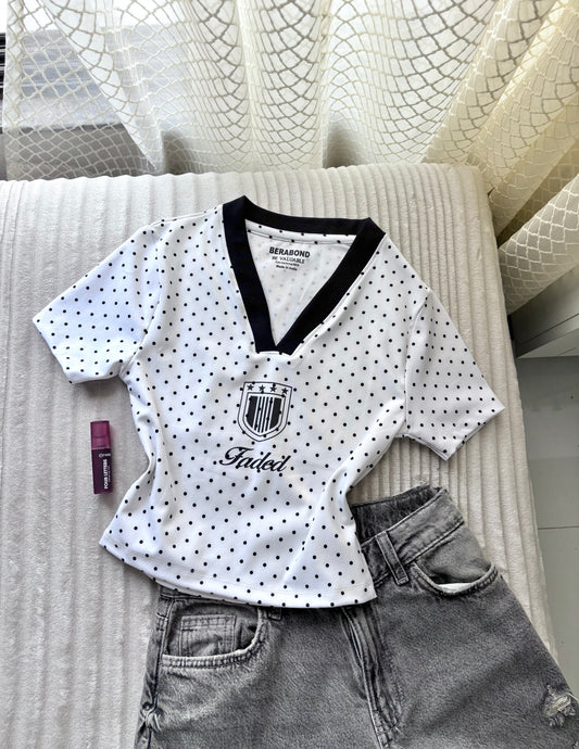 Black Polka Dot V-Neck Crop Tee