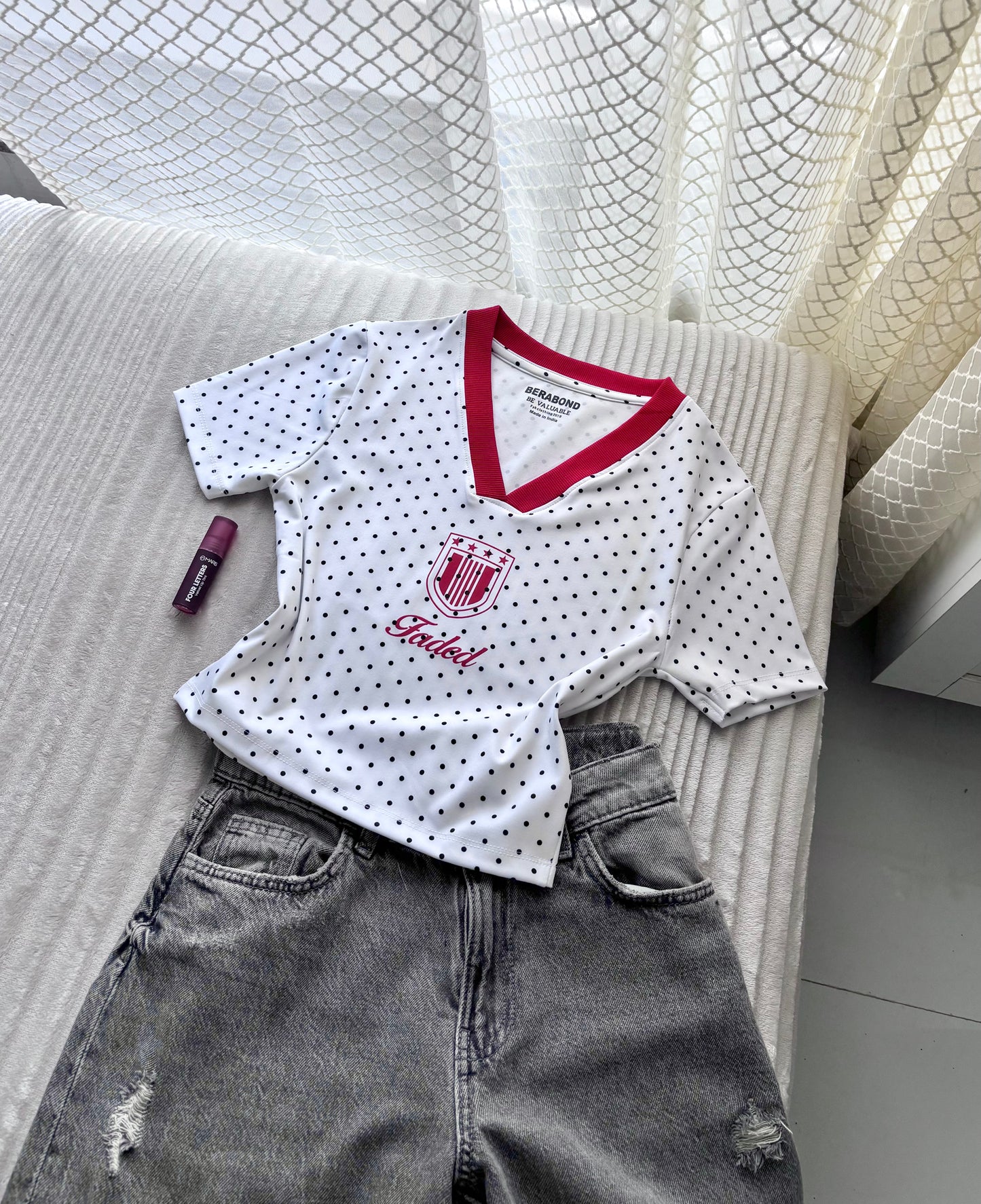 Red Polka Dot V-Neck Crop Tee