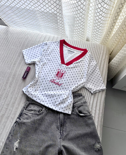Red Polka Dot V-Neck Crop Tee