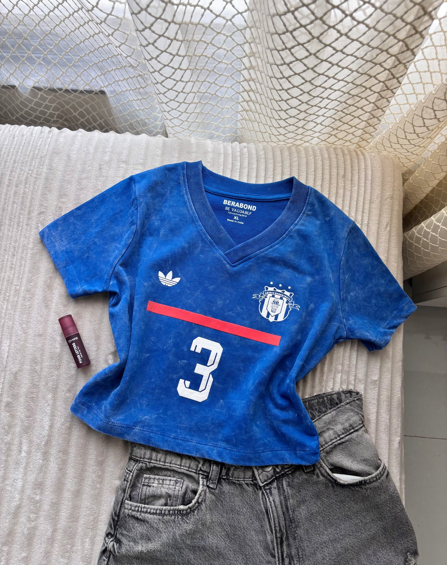 Blue League 3 Acid Wash Crop Tee