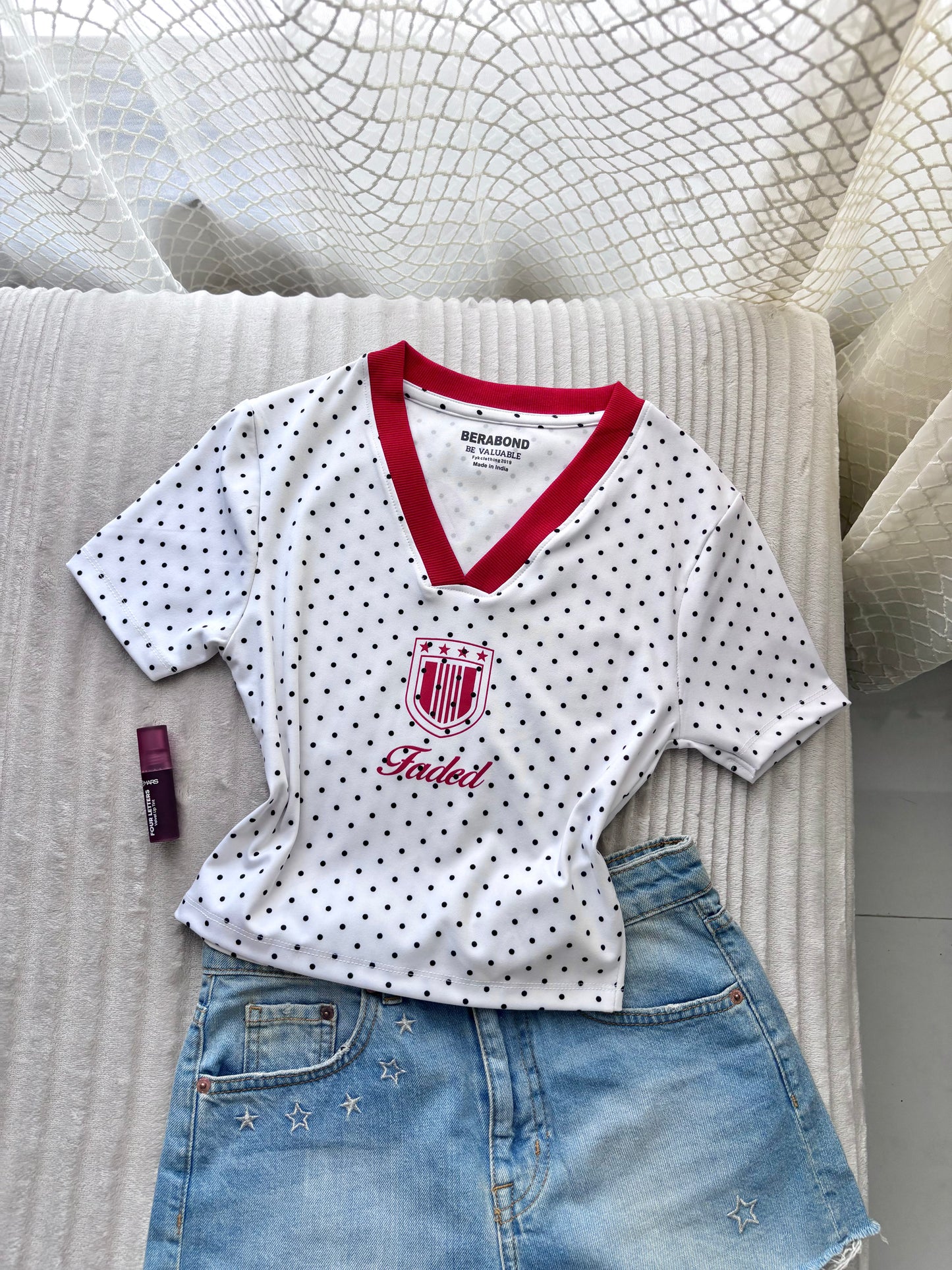 Red Polka Dot V-Neck Crop Tee