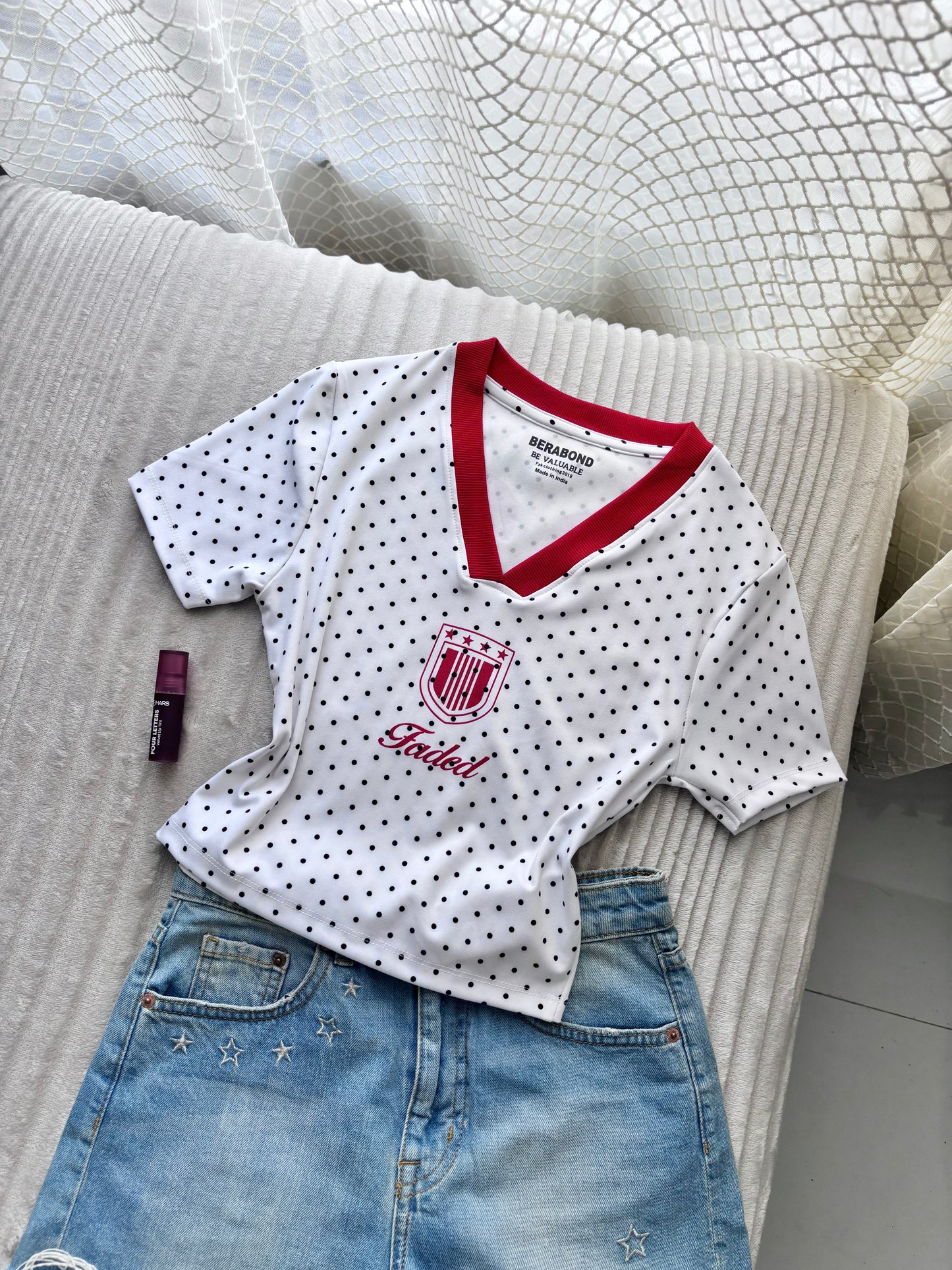 Red Polka Dot V-Neck Crop Tee