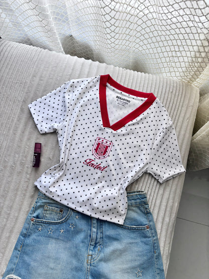Red Polka Dot V-Neck Crop Tee