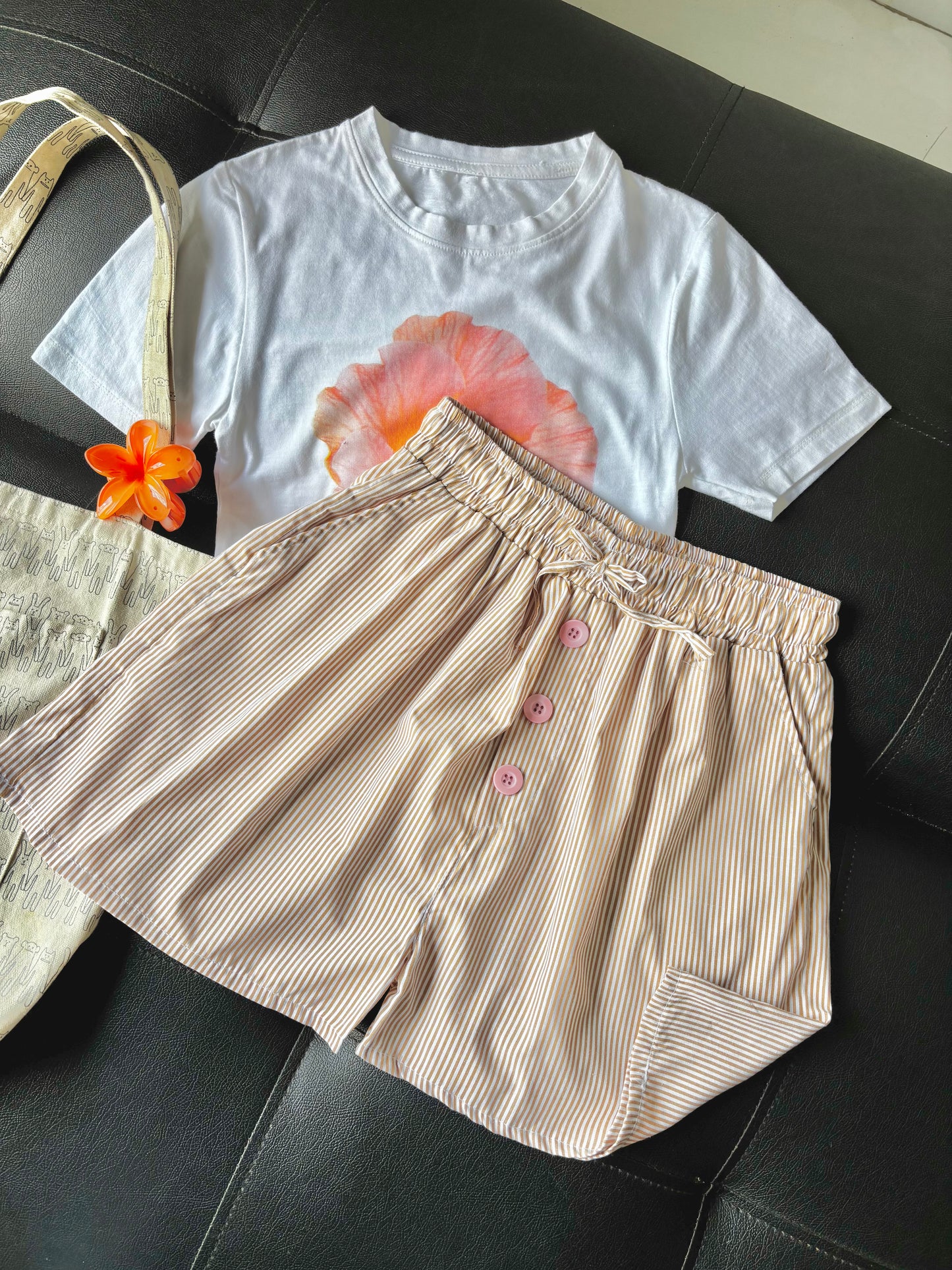 Beige Striped Shorts