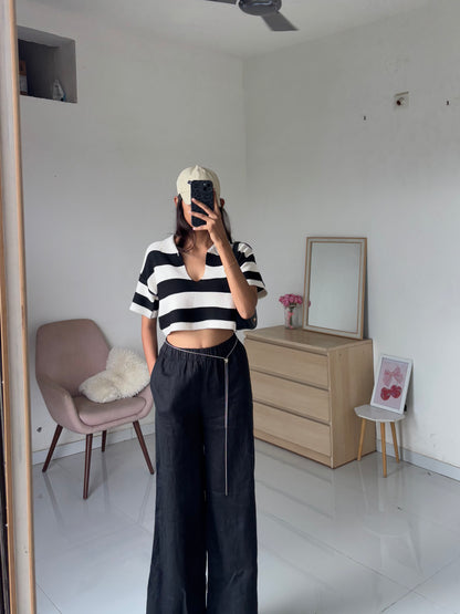 Black Korean Striped Polo Tee