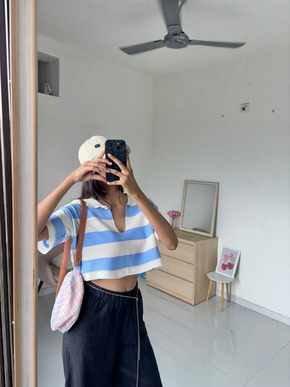 Blue Korean Striped Polo Tee