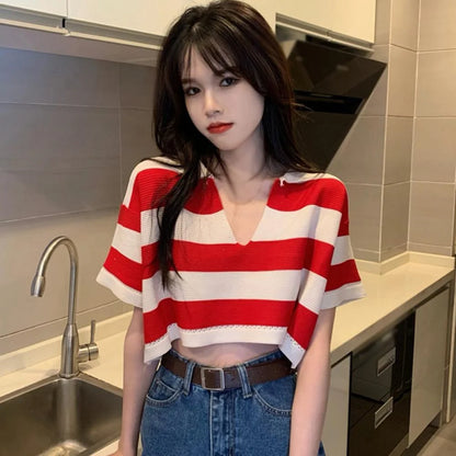 Red Korean Striped Polo Tee