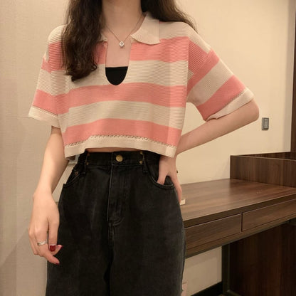 Pink Korean Striped Polo Tee