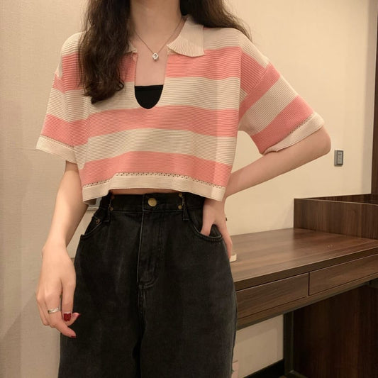 Pink Korean Striped Polo Tee