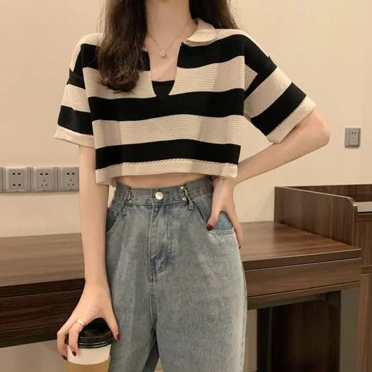 Black Korean Striped Polo Tee