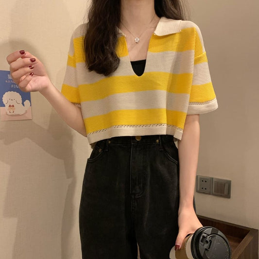 Yellow Korean Striped Polo Tee