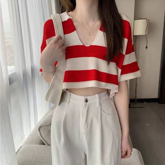 Red Korean Striped Polo Tee