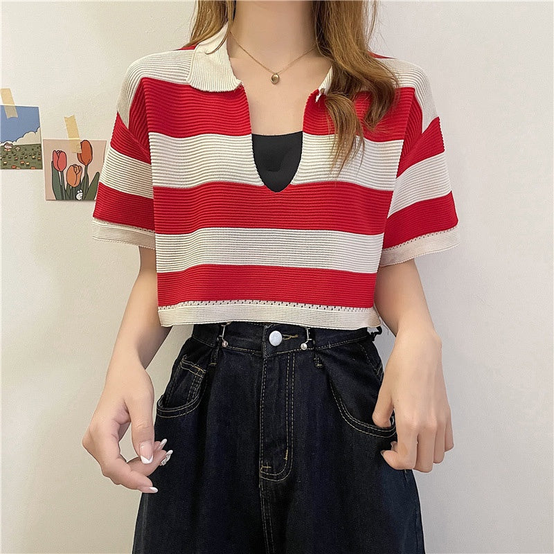 Red Korean Striped Polo Tee