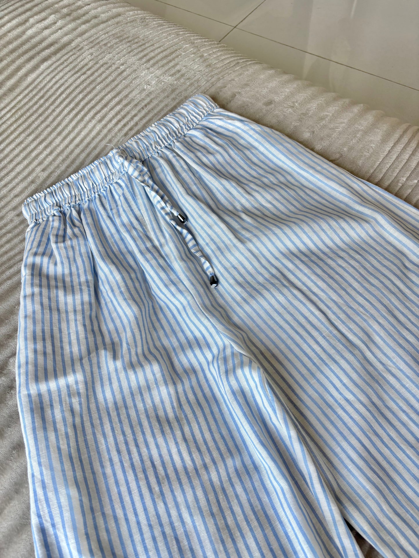 White & Blue Striped Pants
