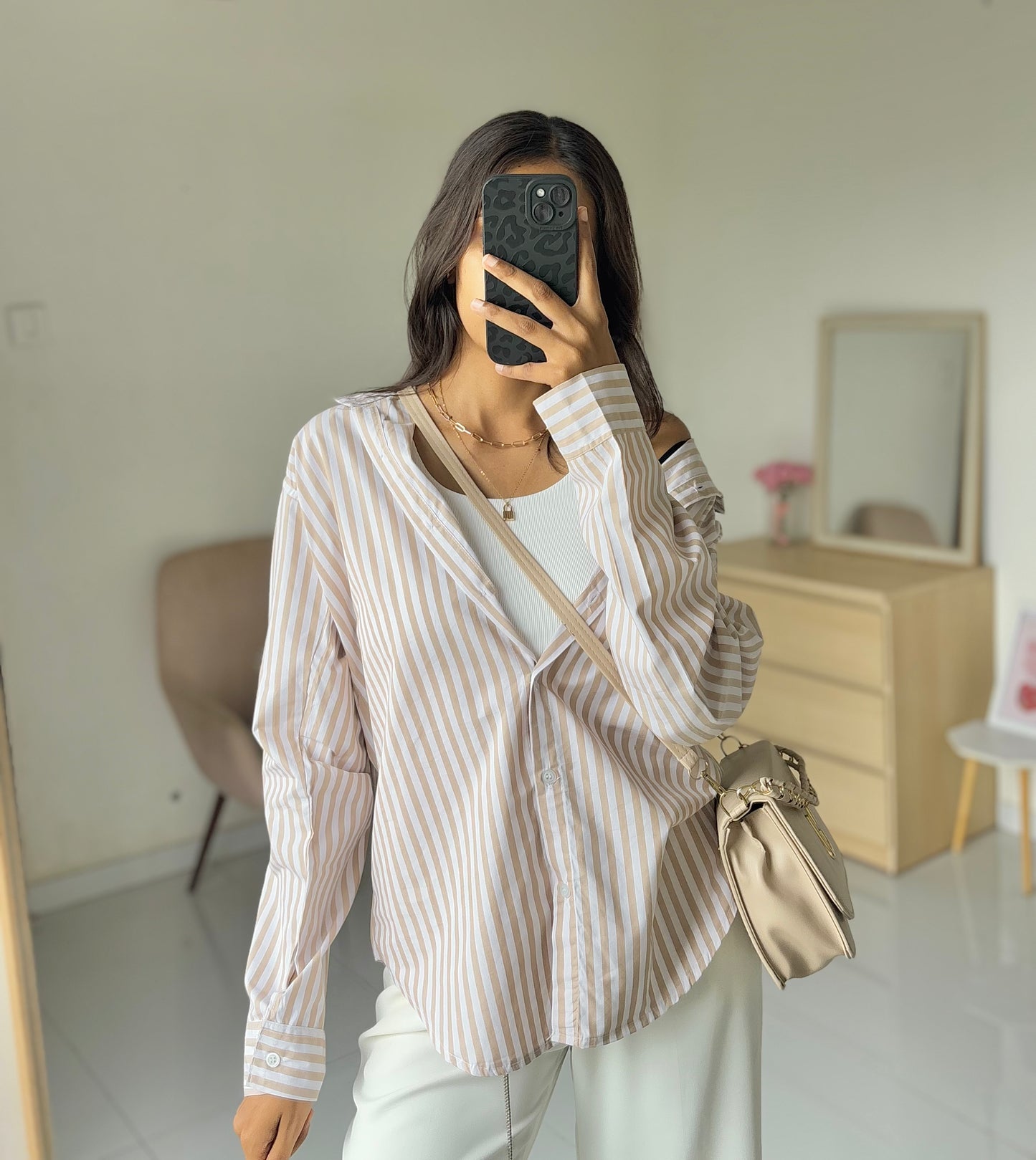 Oversized Beige Striped Shirt