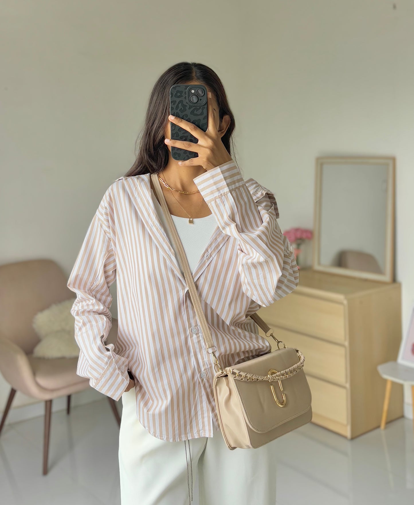 Oversized Beige Striped Shirt