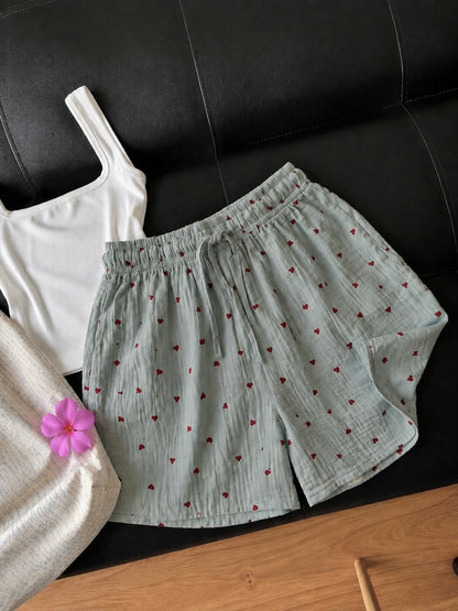 Sage Green Heart Mul Cotton Shorts