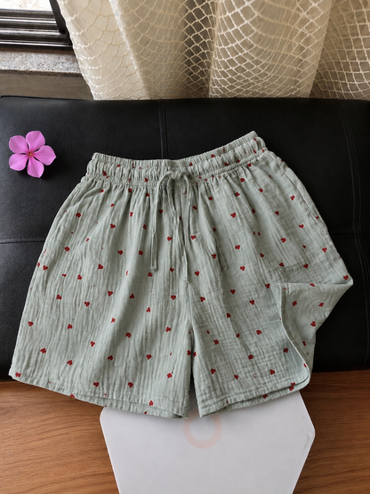Sage Green Heart Mul Cotton Shorts