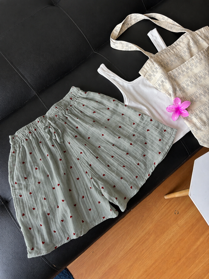 Sage Green Heart Mul Cotton Shorts