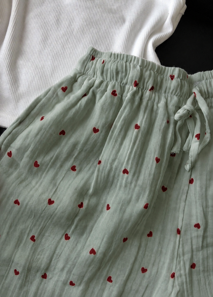 Sage Green Heart Mul Cotton Shorts