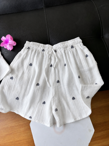 White Embroidered Heart Mul Cotton Shorts