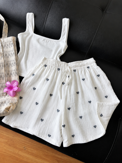 White Embroidered Heart Mul Cotton Shorts