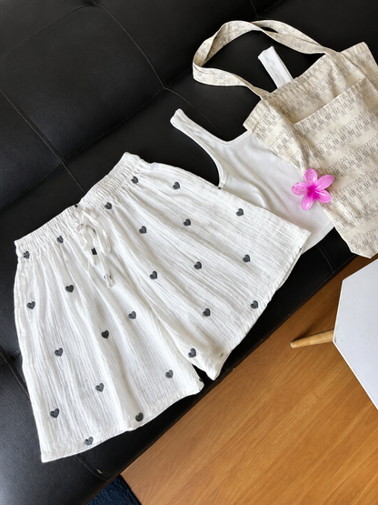 White Embroidered Heart Mul Cotton Shorts