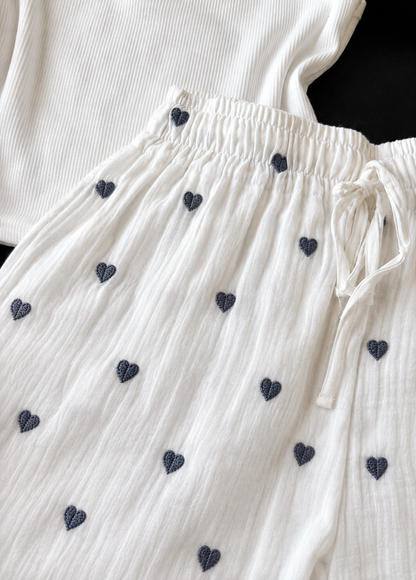 White Embroidered Heart Mul Cotton Shorts