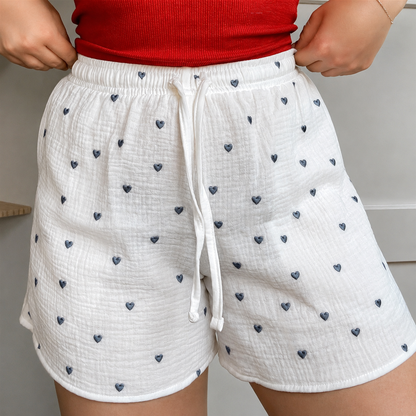 White Embroidered Heart Mul Cotton Shorts
