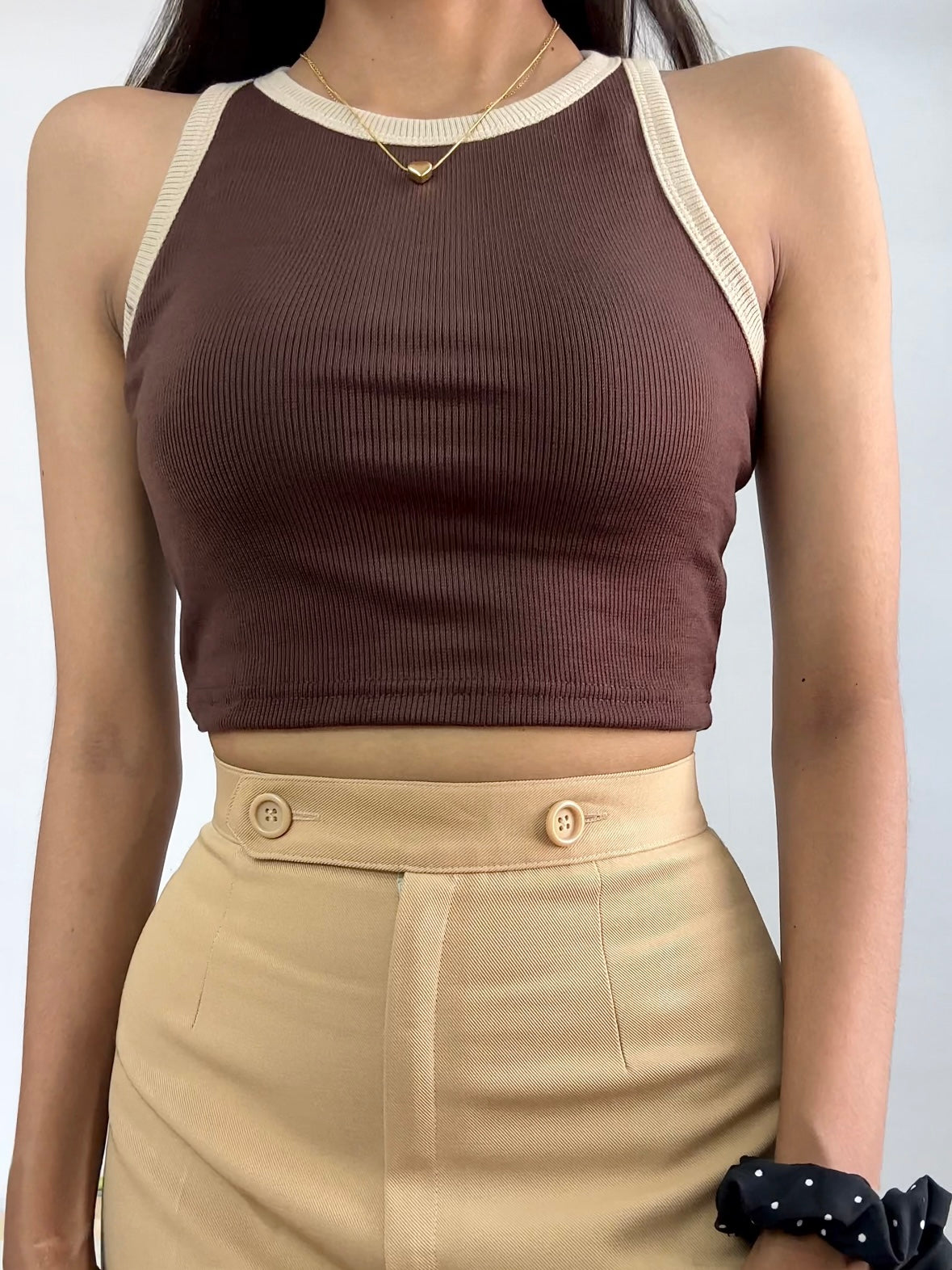 Brown Contrast Tank Top For Women