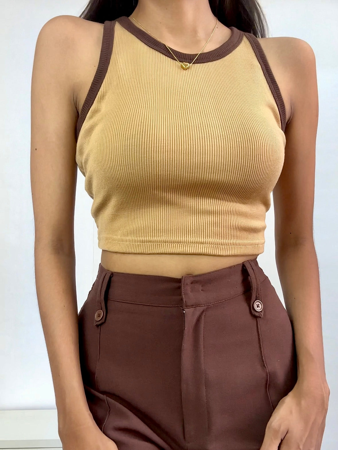 Cream Contrast Tank Top For Women